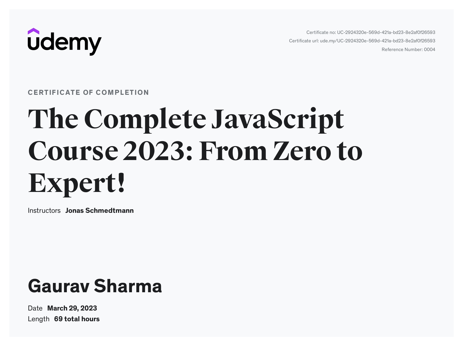 Udemy JavaScript Zero to Expert certificate